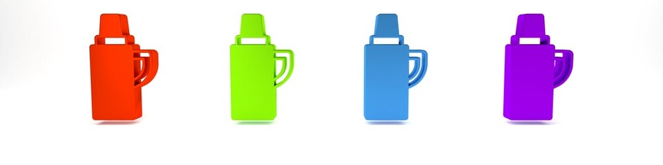 Colorful Thermos container icon isolated on white background. Thermo flask icon. Camping and hiking equipment. Minimalism concept. 3D render illustration