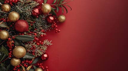Red background with chic tree decorations, red and gold balls, and mistletoe berries for a festive scene
