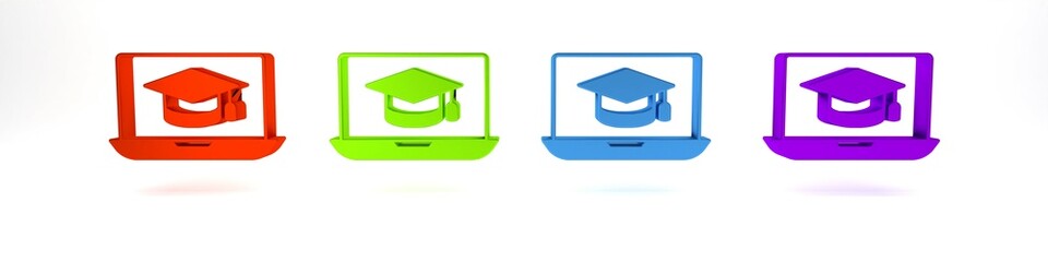 Colorful Graduation cap on screen laptop icon isolated on white background. Online learning or e-learning concept. Minimalism concept. 3D render illustration