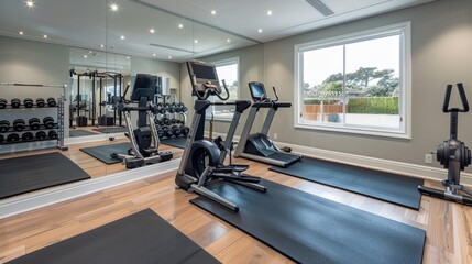 A transitional home gym with state-of-the-art equipment