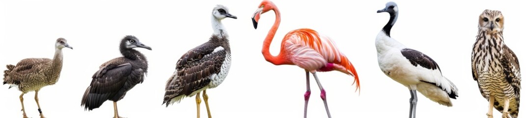 Fototapeta premium flamingo, stork, emu, ostrich, owl, eagle, hawk and owl isolated on transparent background, PNG style