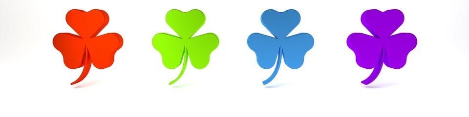 Colorful Clover trefoil leaf icon isolated on white background. Happy Saint Patricks day. National Irish holiday. Minimalism concept. 3D render illustration