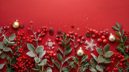 Red background with snowflakes, mistletoe berries, and holiday ornaments for a festive arrangement