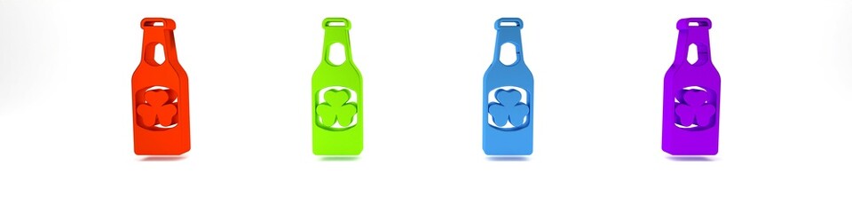 Colorful Beer bottle with clover trefoil leaf icon isolated on white background. Happy Saint Patricks day. National Irish holiday. Minimalism concept. 3D render illustration