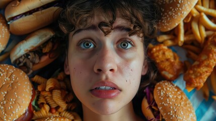 Person surrounded by fast food, looking away in guilt, binge eating disorder