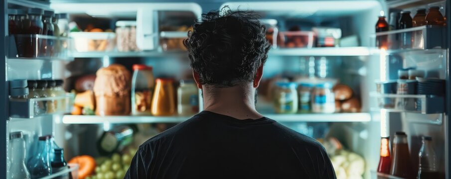 Man staring at refrigerator full of unhealthy food, binge eating disorder, temptation and struggle