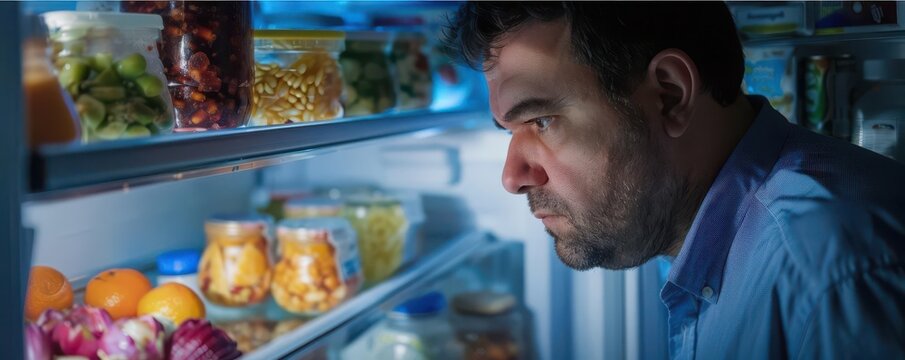 Man staring at refrigerator full of unhealthy food, binge eating disorder, temptation and struggle