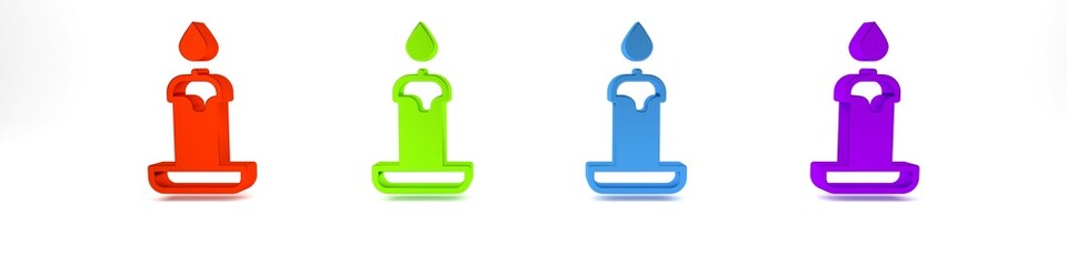 Colorful Burning candle in candlestick icon isolated on white background. Cylindrical candle stick with burning flame. Minimalism concept. 3D render illustration