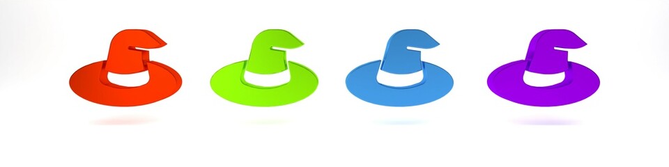 Colorful Witch hat icon isolated on white background. Happy Halloween party. Minimalism concept. 3D render illustration