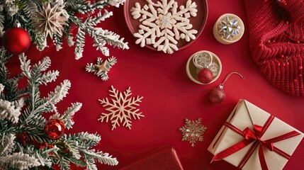 Red surface with chic tree embellishments, snowflakes, and artisanal gift boxes arranged for the holidays