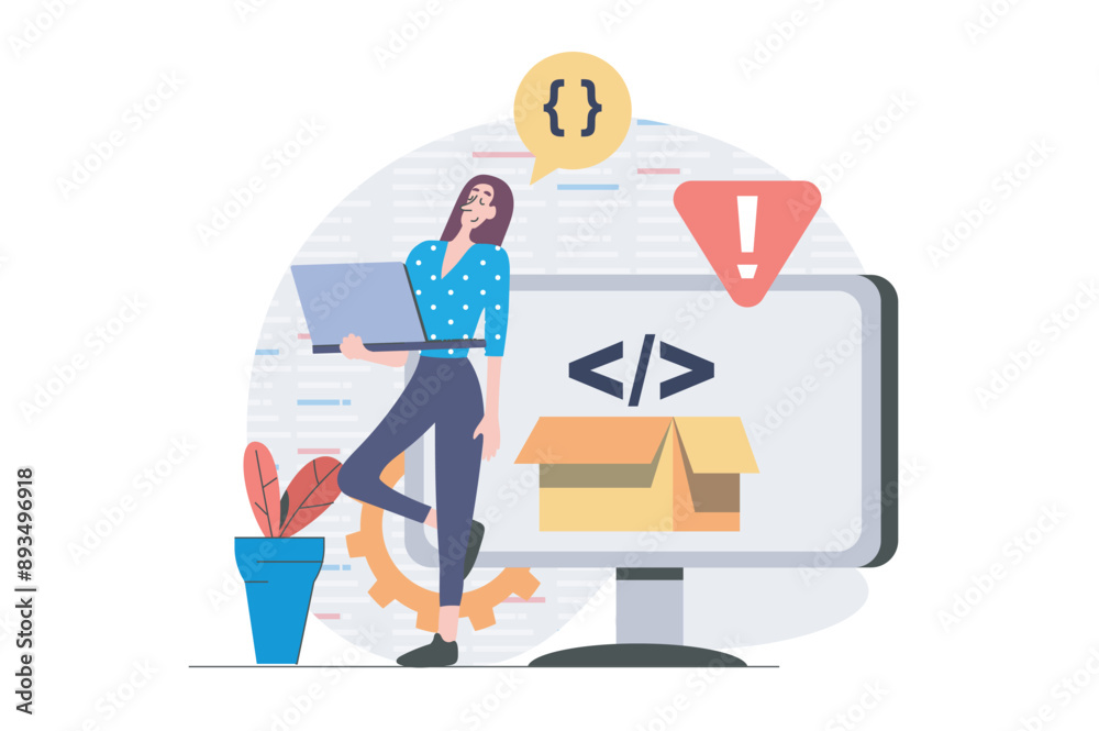 Leinwandbilder Development and programming concept in modern flat design for web. Woman developer creating software product at laptop, testing program accessibility and making optimization. Vector illustration.