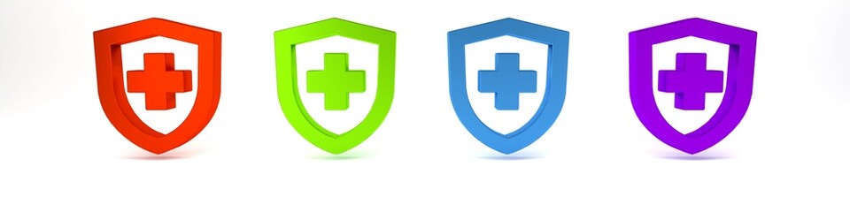 Obraz premium Colorful Life insurance with shield icon isolated on white background. Security, safety, protection, protect concept. Minimalism concept. 3D render illustration