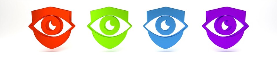 Colorful Shield and eye icon isolated on white background. Security, safety, protection, privacy concept. Minimalism concept. 3D render illustration