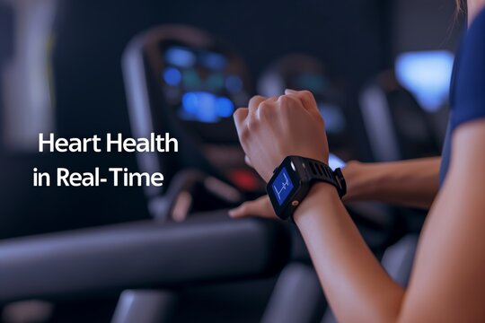 Using a smartwatch to monitor heart health can improve fitness progress in realtime.A person on a treadmill in the gym checks heart rate on a smartwatch, emphasizing exercise and fitness activity