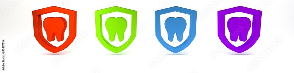 Sticker Colorful Dental protection icon isolated on white background. Tooth on shield logo. Minimalism concept. 3D render illustration