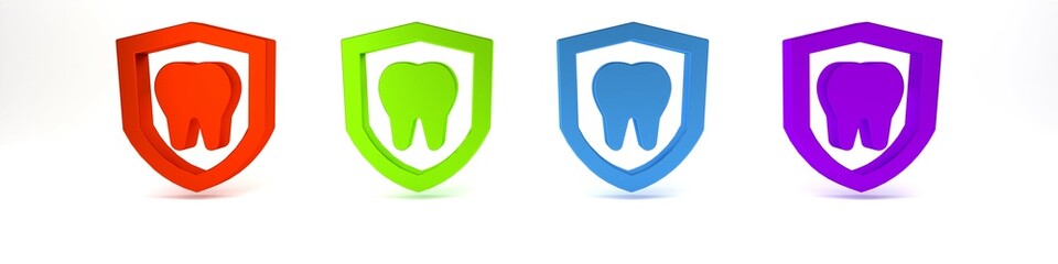 Colorful Dental protection icon isolated on white background. Tooth on shield logo. Minimalism concept. 3D render illustration