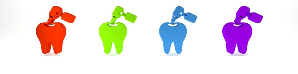 Colorful Tooth with caries and tooth drill icon isolated on white background. Tooth decay. Minimalism concept. 3D render illustration