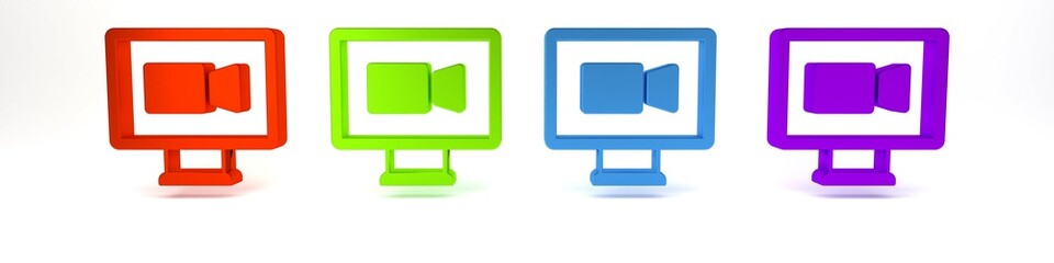 Colorful Video chat conference icon isolated on white background. Online meeting work form home. Remote project management. Minimalism concept. 3D render illustration