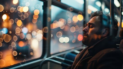 Fototapeta premium A close-up photograph of a person sitting on a bus, thoughtful expression, headphones on, casual clothing