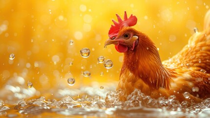 Chicken Taking a Bath in Water Drops