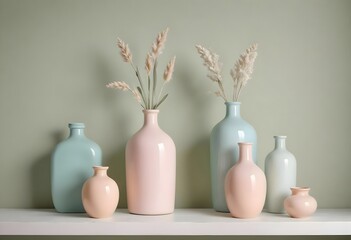 Concept photo of soft color tones dried flowers in vases with space for text
