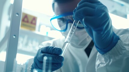 Fototapeta premium A close-up photograph of a scientist carefully pouring liquid into a test tube under bright lab lights, focused look, latex gloves, protective mask