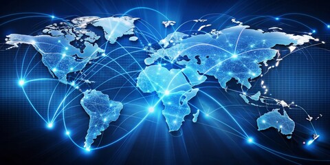 Fototapeta premium Global Network Connections - World Map with Blue Lines and Glowing Dots