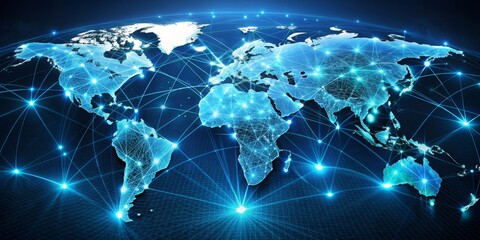 Global Network Connection World Map with Digital Lines and Glowing Points