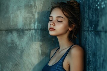 Fototapeta premium Standing in sunlight near a wall on a street, a cool young woman