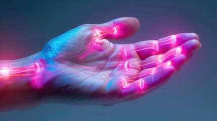 Artistic representation of gout in a hand, focusing on inflammation, discomfort, and purine crystals, medical concept of joint damage