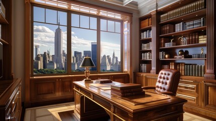 Naklejka premium An elegant home office featuring a wooden desk