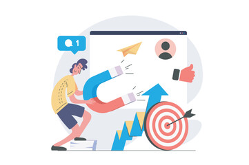 Digital marketing concept in modern flat design for web. Man with magnet using online promotion tools for targeting new audience, making social media advertisement with content. Vector illustration.