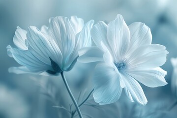 Fototapeta premium Two delicate blue flowers with white centers are captured in soft light, their petals gently swaying in the breeze. The background is a subtle blur of identical blue shades