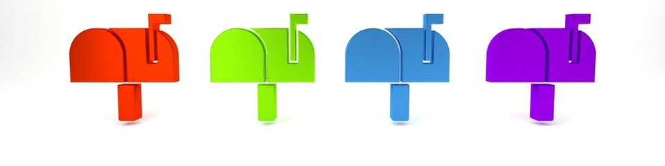 Colorful Mail box icon isolated on white background. Mailbox icon. Mail postbox on pole with flag. Minimalism concept. 3D render illustration