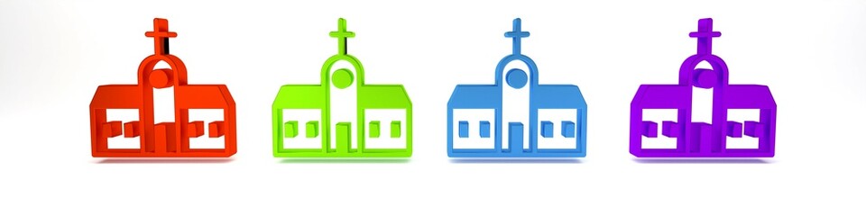 Colorful Church building icon isolated on white background. Christian Church. Religion of church. Minimalism concept. 3D render illustration