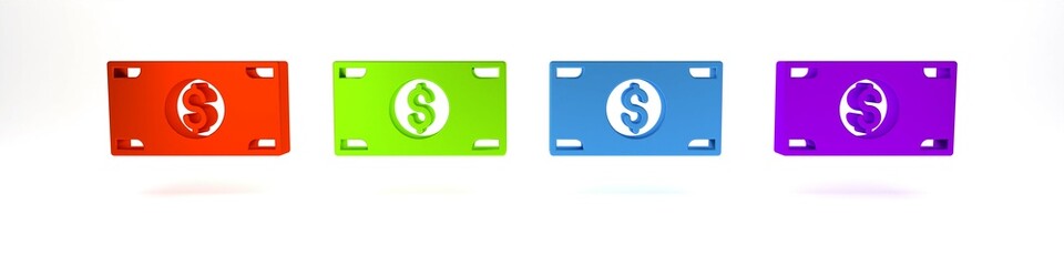 Colorful Stacks paper money cash icon isolated on white background. Money banknotes stacks. Bill currency. Minimalism concept. 3D render illustration