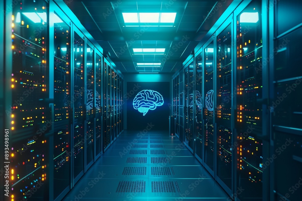 Poster an image of large dark space with interconnected servers, displaying neon data and information conne