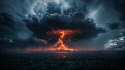 A large, fiery cloud of lightning is hovering over a city