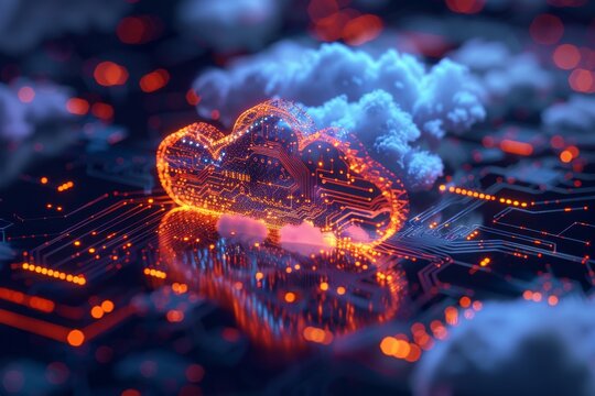 With cloud computing and digital data transfer across cities, countries, and the globe, using virtualization, is a stock image of cloud computing and digital data transfer