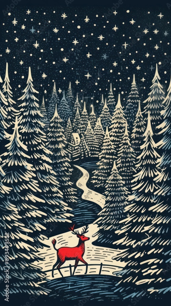 Sticker Santa clause riding reindeer at night christmas drawing nature.