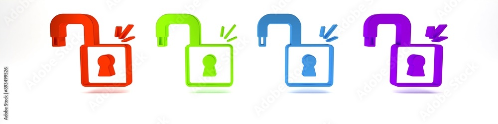 Poster Colorful Open padlock icon isolated on white background. Opened lock sign. Cyber security concept. Digital data protection. Minimalism concept. 3D render illustration