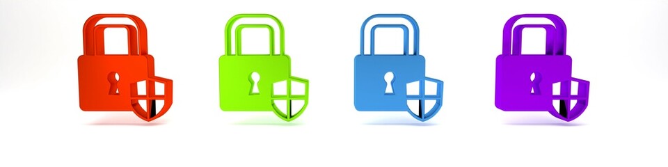 Colorful Shield security with lock icon isolated on white background. Protection, safety, password security. Firewall access privacy sign. Minimalism concept. 3D render illustration