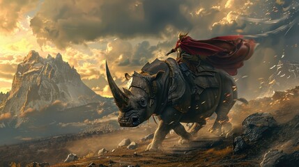 A panoramic view of a warrior riding a massive armored rhino, the warrior's cape flowing in the wind, the rhino trampling through enemy lines, distant mountains and stormy skies in