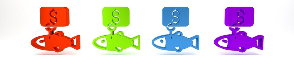 Colorful Price tag for fish icon isolated on white background. Minimalism concept. 3D render illustration