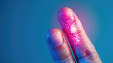 Finger with visible inflammation and blush tint due to gout, realistic medical depiction, pain and swelling