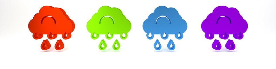 Colorful Cloud with rain icon isolated on white background. Rain cloud precipitation with rain drops. Minimalism concept. 3D render illustration
