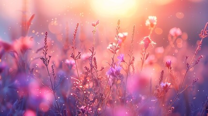 Wildflowers in a field glowing with warm sunlight during golden hour