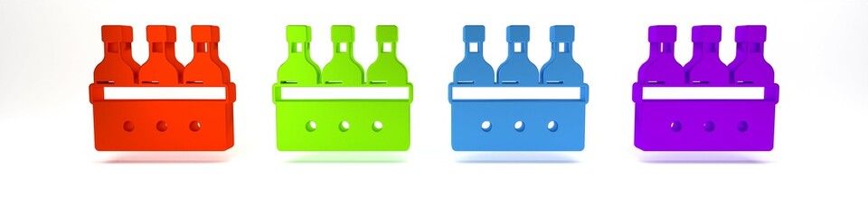 Colorful Bottles of wine in a wooden box icon isolated on white background. Wine bottles in a wooden crate icon. Minimalism concept. 3D render illustration
