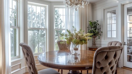 Obraz premium An elegant transitional dining space with a round wooden table