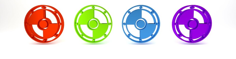 Obraz premium Colorful Round wooden shield icon isolated on white background. Security, safety, protection, privacy, guard concept. Minimalism concept. 3D render illustration